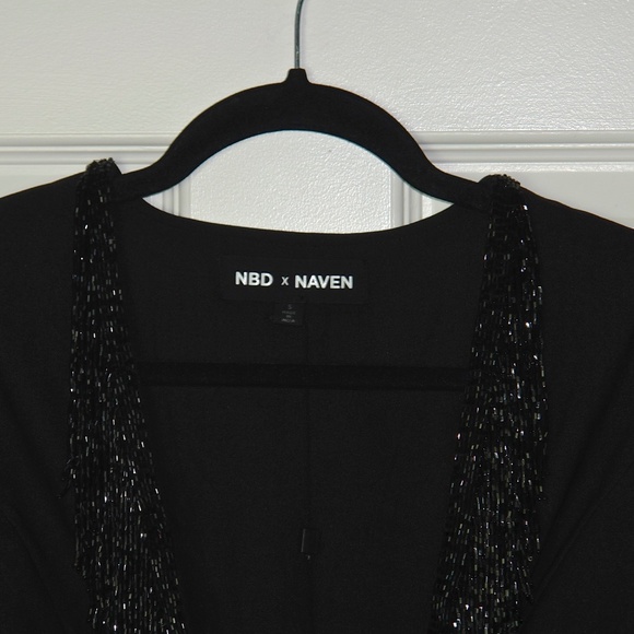 NWT NBD X NAVEN Millie Beaded Plunge Neck Zip Front Black Mini Dress Size Small - Picture 6 of 7